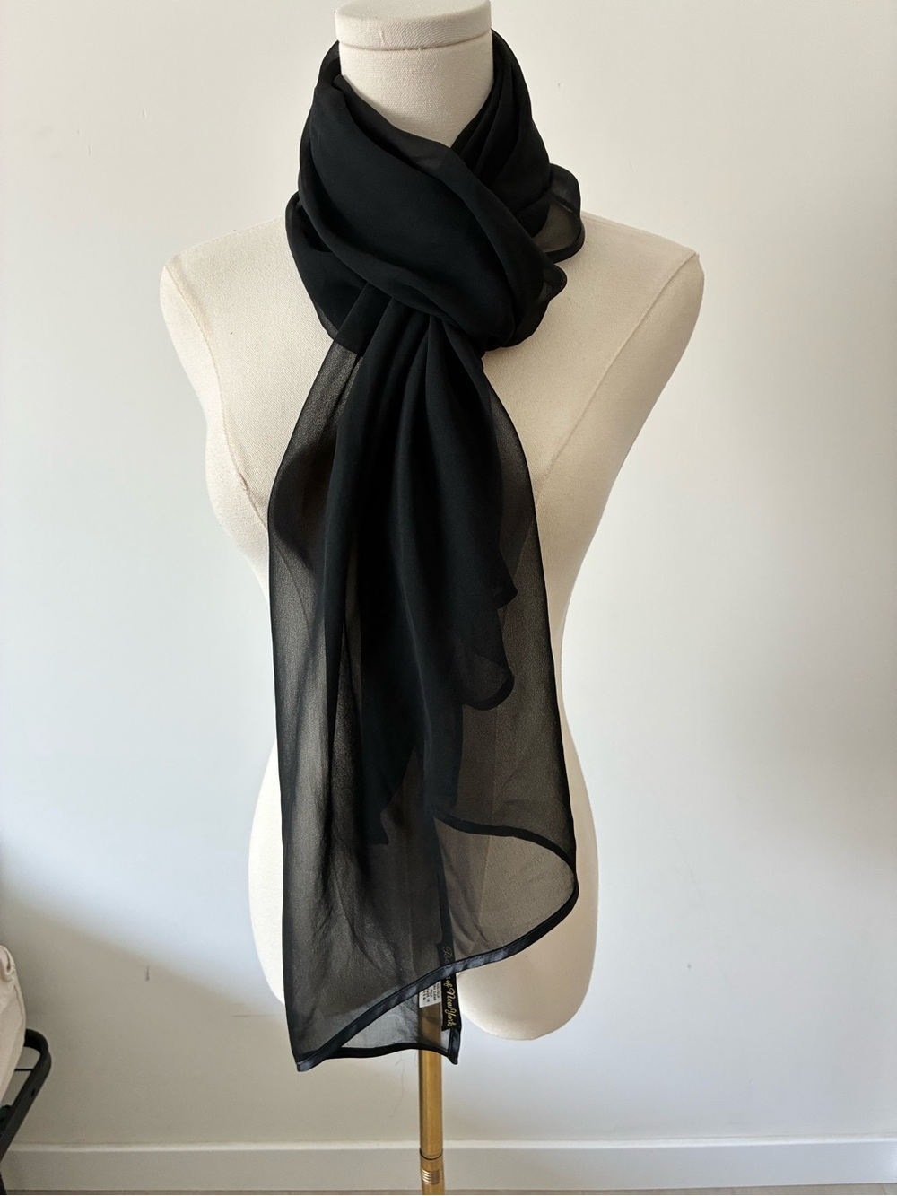 Long Sheer Black Silk Scarf with Satin Trim